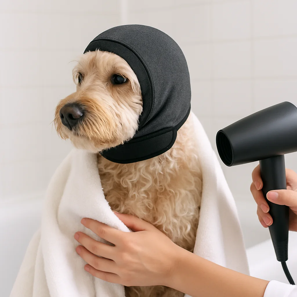 Wet dog in a towel being blow dried while wearing the ear wrap