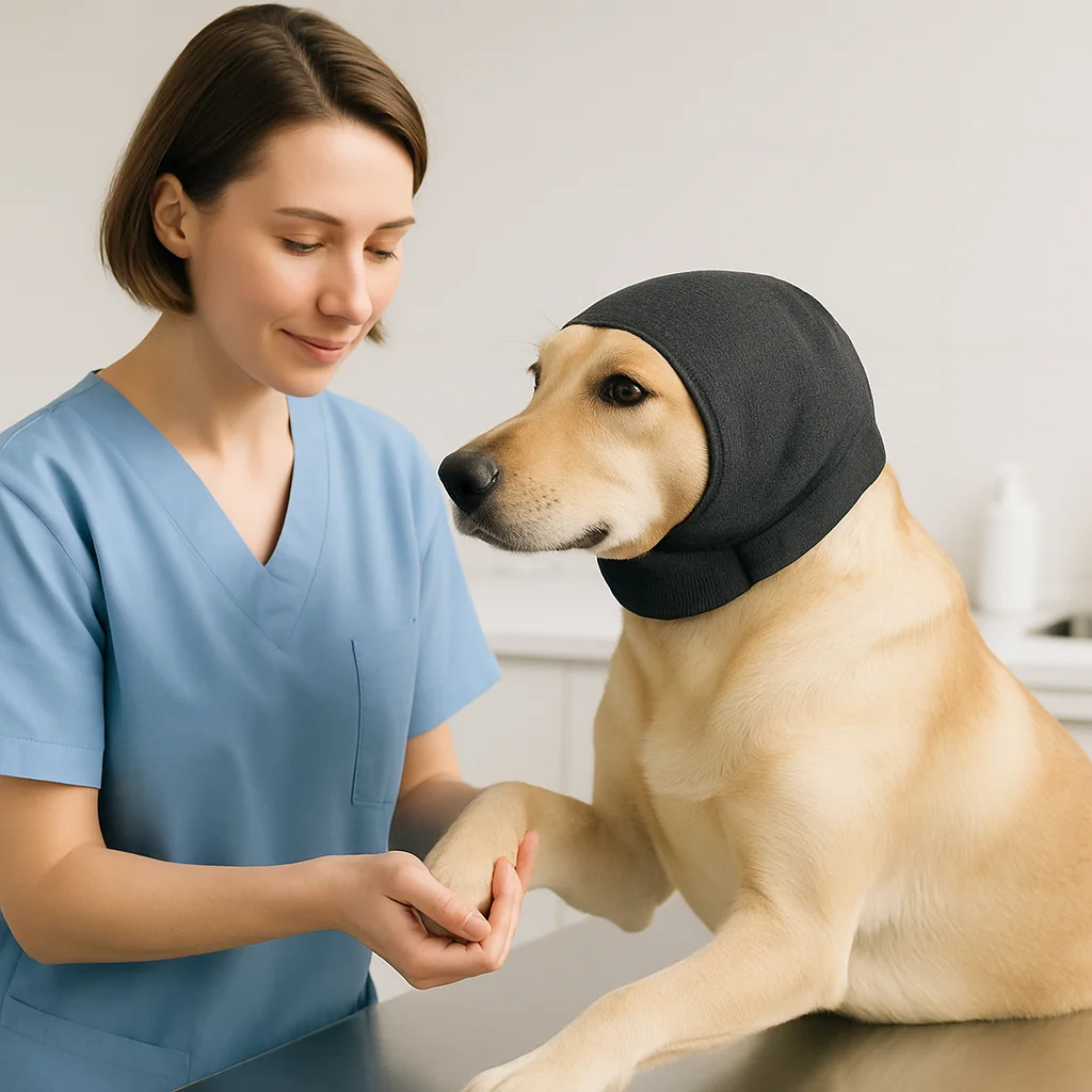 Calm dog on a vet exam table wearing the ear wrap